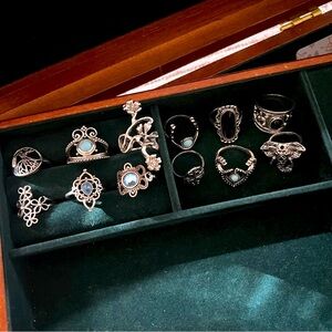 12x Piece Ring Lot Elegant Silver Pewter Tone Turquoise Mixed Set